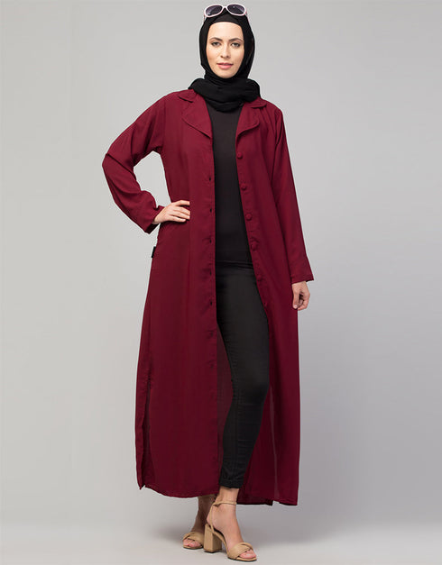 Women Abaya with coat-style collar and self-fabric buttons In the Shade Maroon